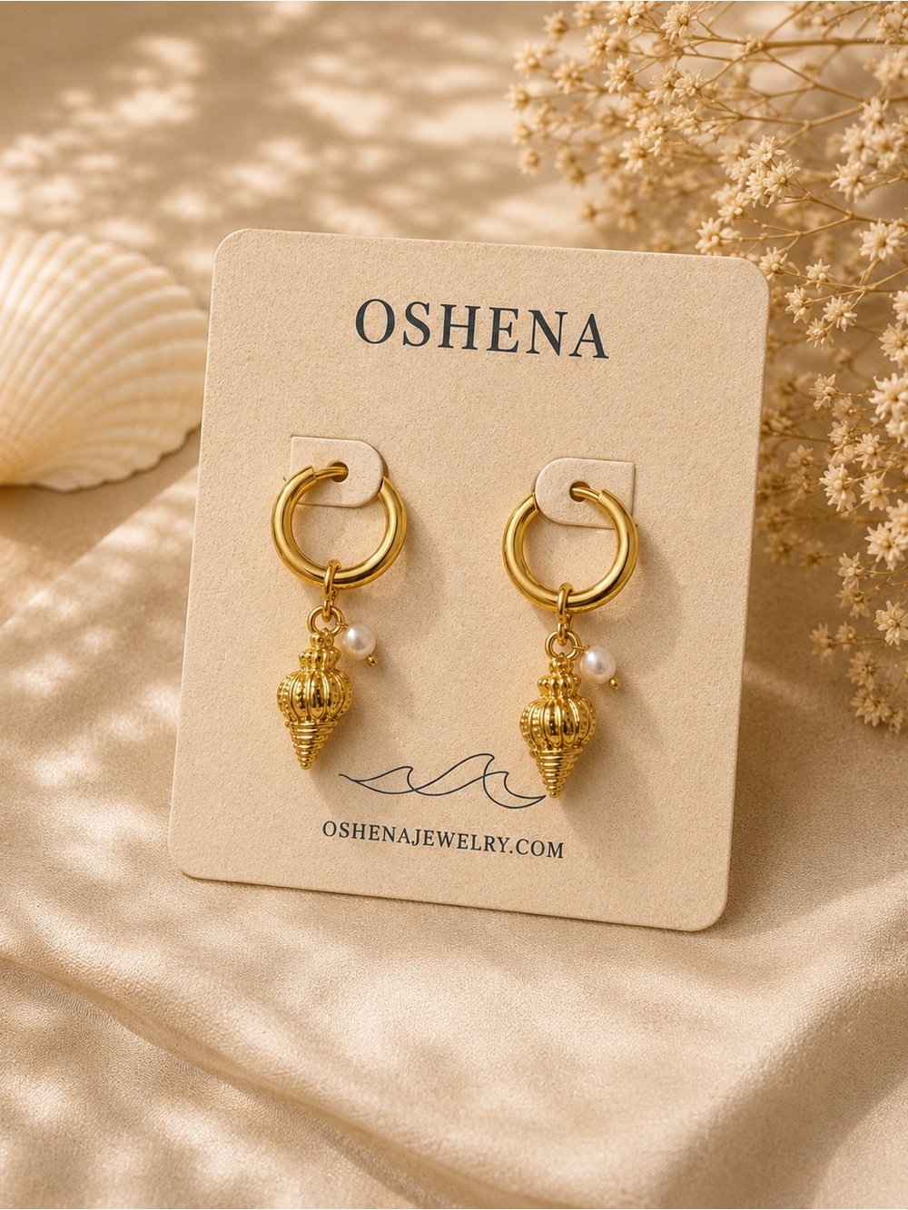 Oshena - Nerina Shell Pearl Hoops - 18k Gold PVD - New and Dust Bag